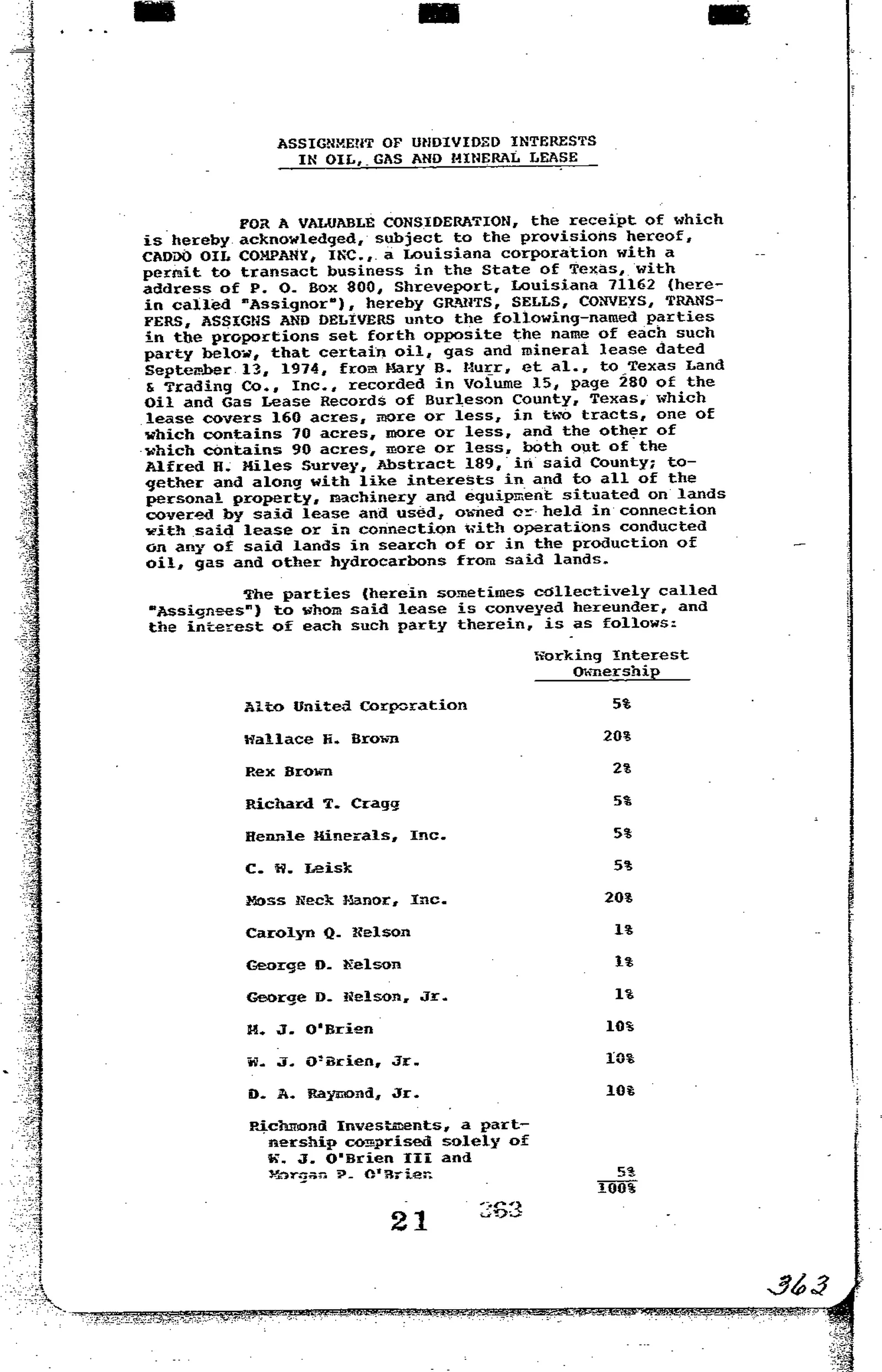 Caddo Oil Co Inc. - Recorded Asgmt Of Lease (Vol. 21, Page 363)